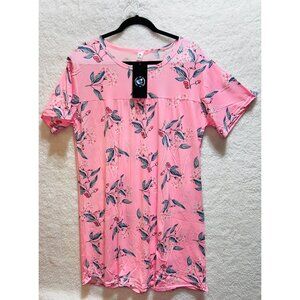 Misses Large Pink Gray Floral Short Sleeve Soft Stretch Casual Tee Shirt Dress